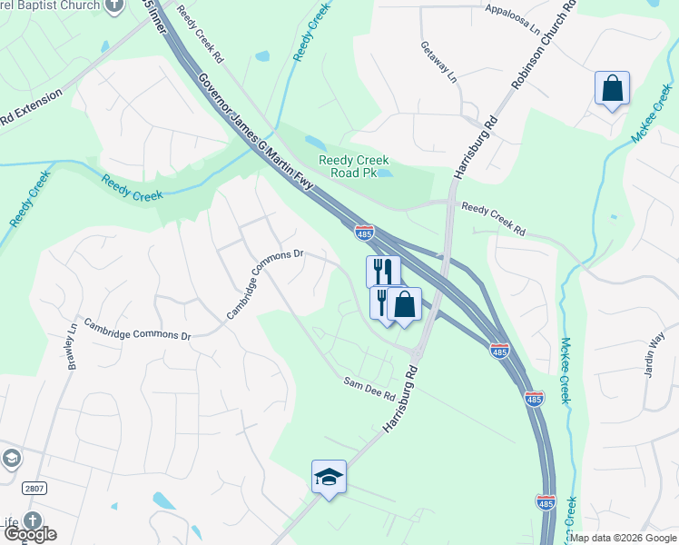 map of restaurants, bars, coffee shops, grocery stores, and more near 8135 Cambridge Commons Drive in Charlotte