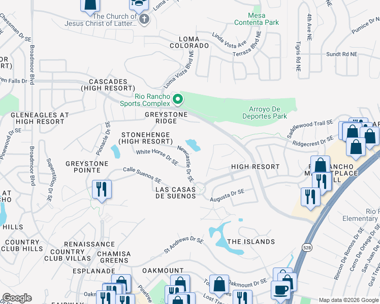 map of restaurants, bars, coffee shops, grocery stores, and more near 3565 Newcastle Drive Southeast in Rio Rancho