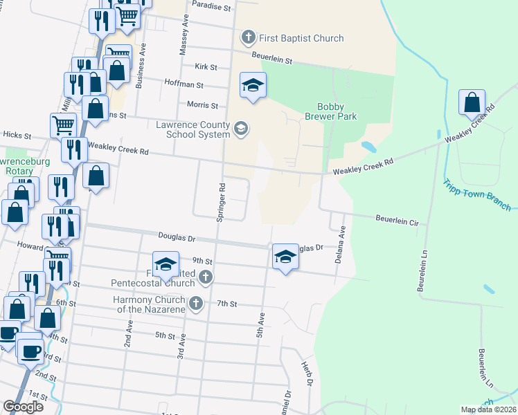 map of restaurants, bars, coffee shops, grocery stores, and more near 1303 5th Avenue in Lawrenceburg