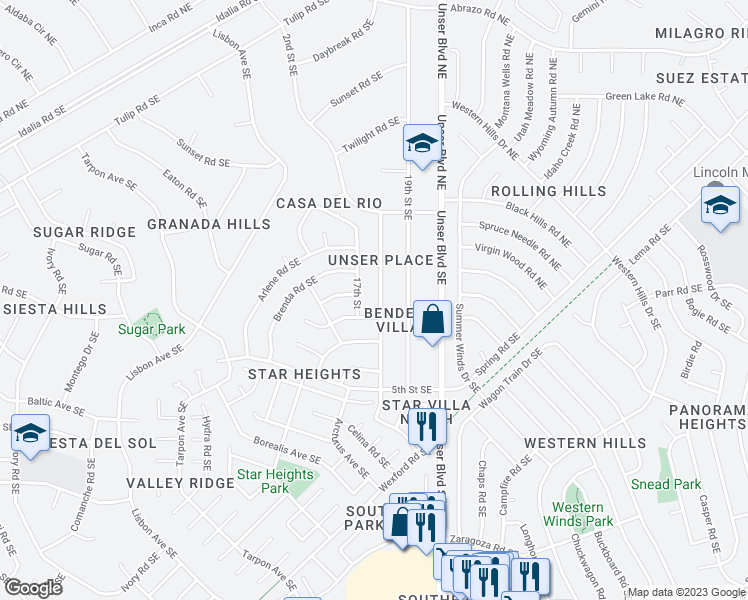 map of restaurants, bars, coffee shops, grocery stores, and more near 281 18th Street Southeast in Rio Rancho