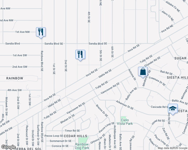 map of restaurants, bars, coffee shops, grocery stores, and more near 402 Inca Road Southeast in Rio Rancho