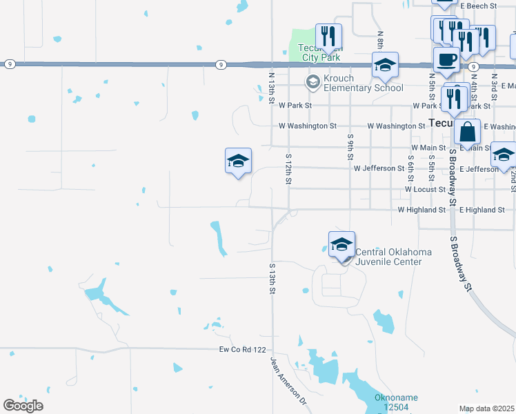 map of restaurants, bars, coffee shops, grocery stores, and more near 1111 West Highland Street in Tecumseh