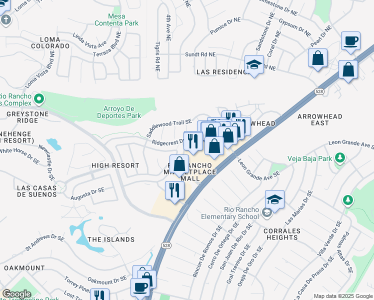 map of restaurants, bars, coffee shops, grocery stores, and more near 4225 Crestview Drive Southeast in Rio Rancho