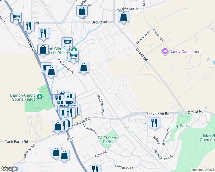 map of restaurants, bars, coffee shops, grocery stores, and more near 3924 Hollyhock Way in San Luis Obispo