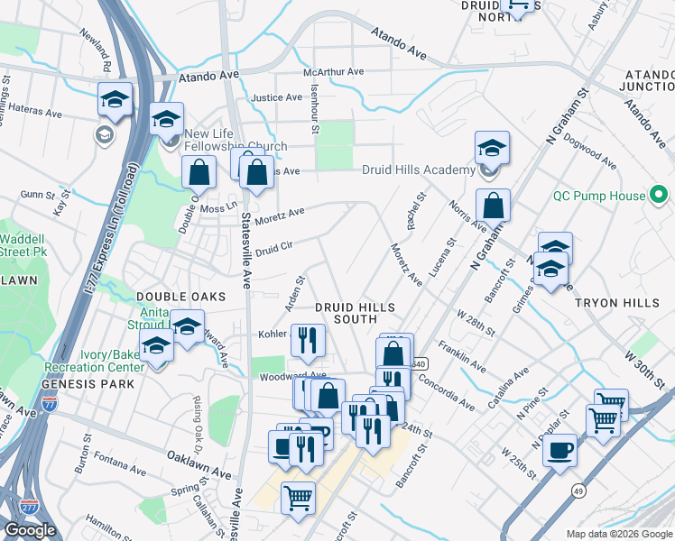 map of restaurants, bars, coffee shops, grocery stores, and more near in Charlotte