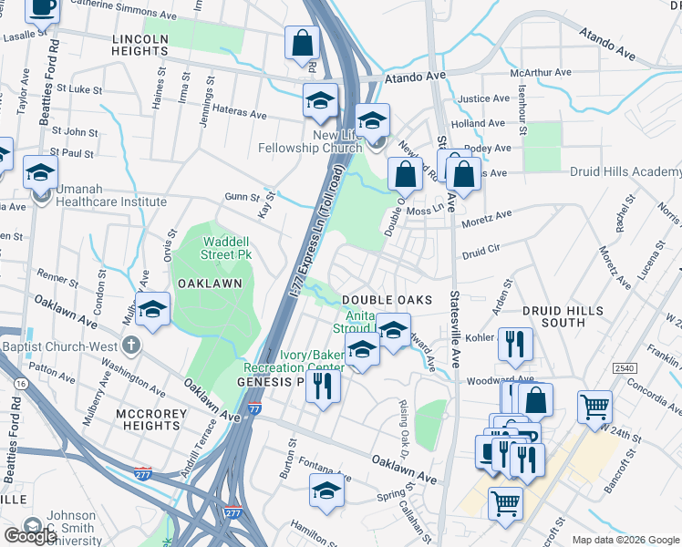 map of restaurants, bars, coffee shops, grocery stores, and more near 2311 Double Oaks Road in Charlotte