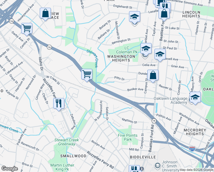 map of restaurants, bars, coffee shops, grocery stores, and more near 2617 Booker Avenue in Charlotte