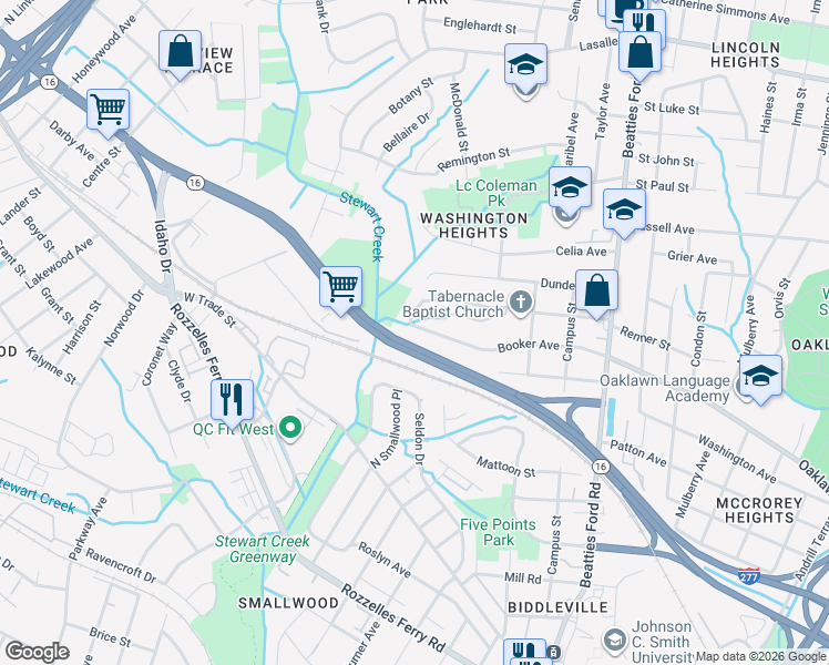 map of restaurants, bars, coffee shops, grocery stores, and more near 2617 Booker Avenue in Charlotte