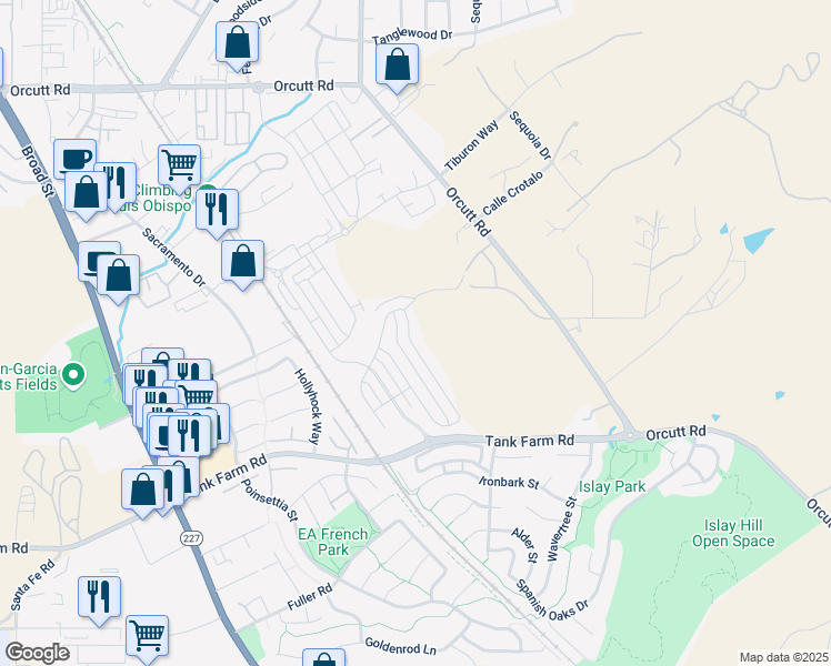 map of restaurants, bars, coffee shops, grocery stores, and more near 4120 Hillside Drive in San Luis Obispo