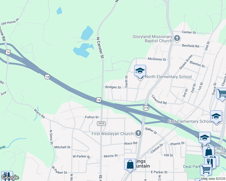 map of restaurants, bars, coffee shops, grocery stores, and more near 704 Harmon Road in Kings Mountain