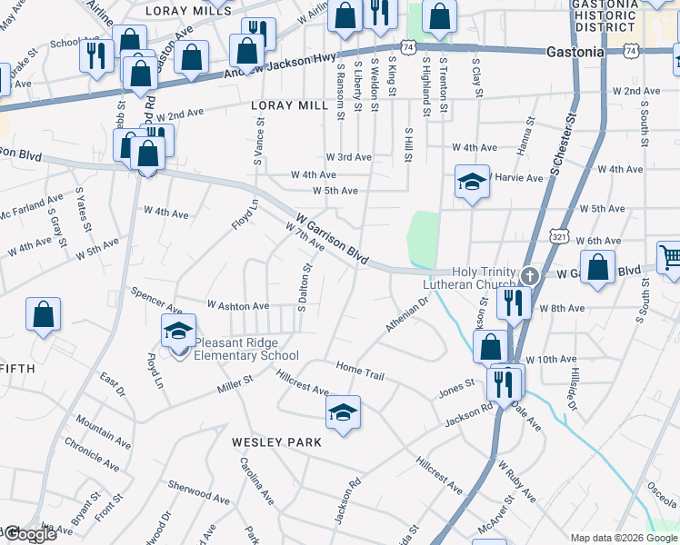 map of restaurants, bars, coffee shops, grocery stores, and more near 817 South Weldon Street in Gastonia