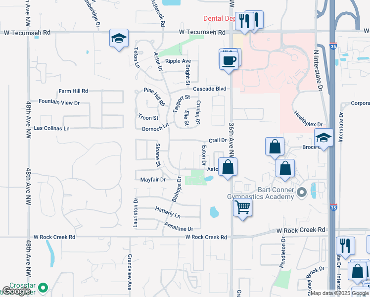 map of restaurants, bars, coffee shops, grocery stores, and more near 2813 Bishops Court in Norman