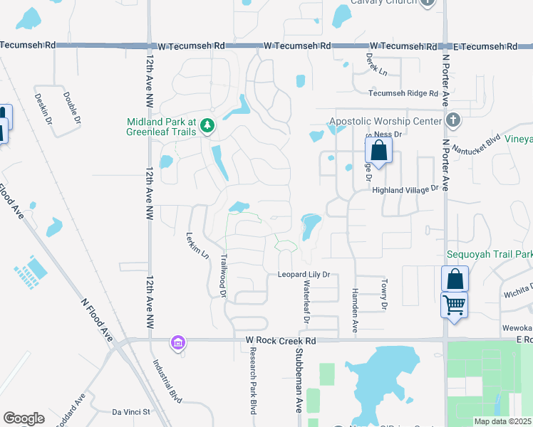 map of restaurants, bars, coffee shops, grocery stores, and more near 621 Blue Fish Road in Norman