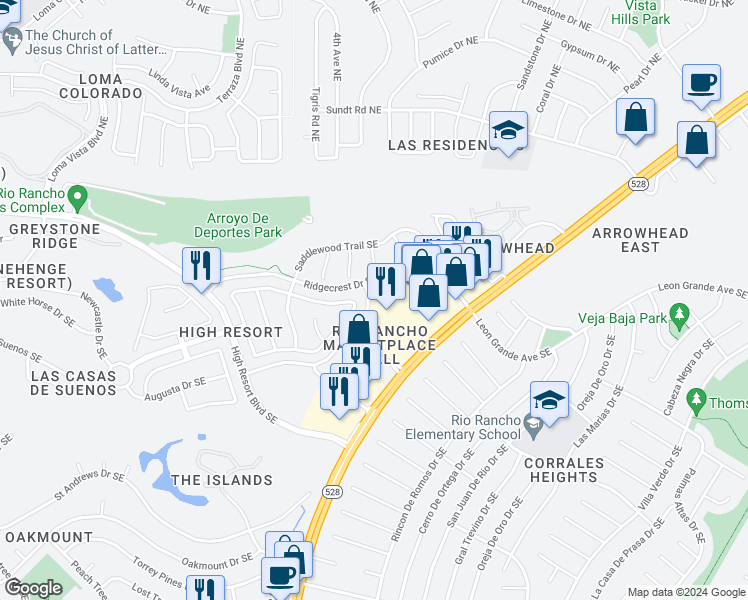 map of restaurants, bars, coffee shops, grocery stores, and more near 4200 Ridgeway Court in Rio Rancho