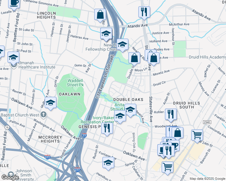 map of restaurants, bars, coffee shops, grocery stores, and more near 2311 Double Oaks Road in Charlotte
