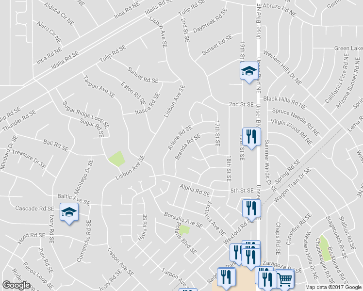 map of restaurants, bars, coffee shops, grocery stores, and more near 1675 Brenda Road Southeast in Rio Rancho