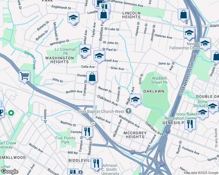 map of restaurants, bars, coffee shops, grocery stores, and more near 2043 Renner Street in Charlotte
