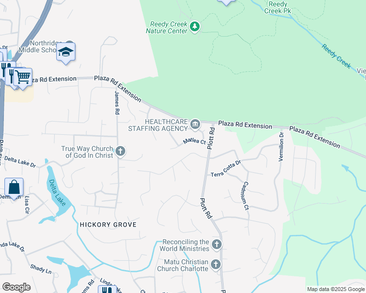 map of restaurants, bars, coffee shops, grocery stores, and more near 6446 Matlea Court in Charlotte