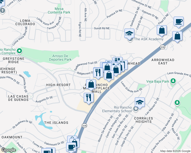 map of restaurants, bars, coffee shops, grocery stores, and more near 4225 Crestview Drive Southeast in Rio Rancho