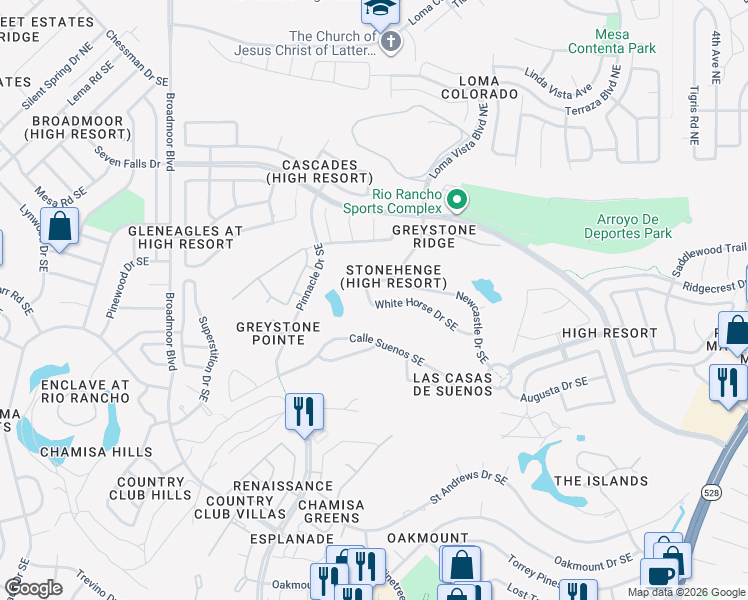 map of restaurants, bars, coffee shops, grocery stores, and more near 3498 White Horse Drive Southeast in Rio Rancho