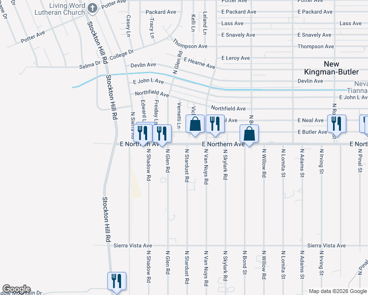 map of restaurants, bars, coffee shops, grocery stores, and more near 4470 North Stardust Road in Kingman