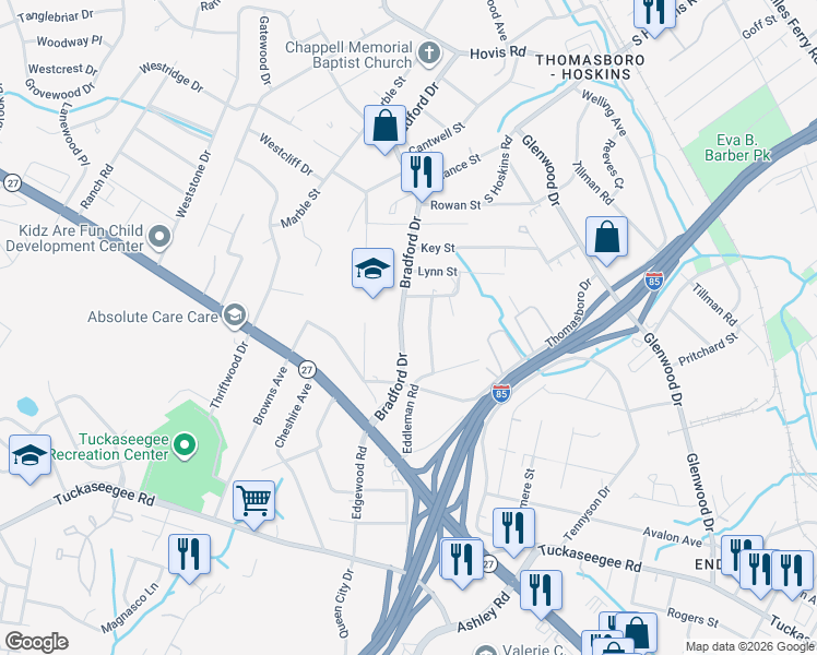 map of restaurants, bars, coffee shops, grocery stores, and more near 642 Bradford Drive in Charlotte