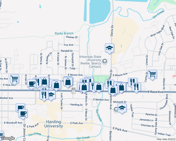 map of restaurants, bars, coffee shops, grocery stores, and more near 1604 East Moore Avenue in Searcy