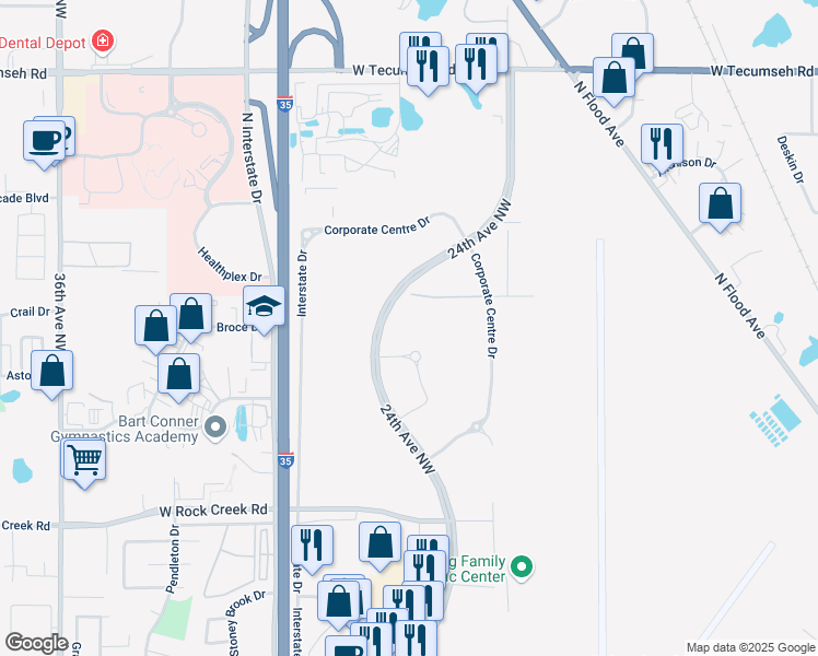 map of restaurants, bars, coffee shops, grocery stores, and more near 2751 24th Avenue Northwest in Norman