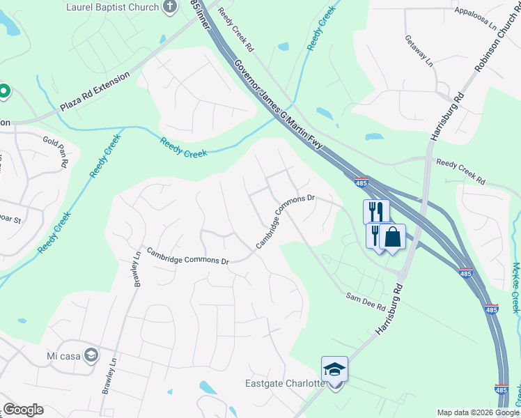 map of restaurants, bars, coffee shops, grocery stores, and more near 8604 Kirkley Glen Lane in Charlotte