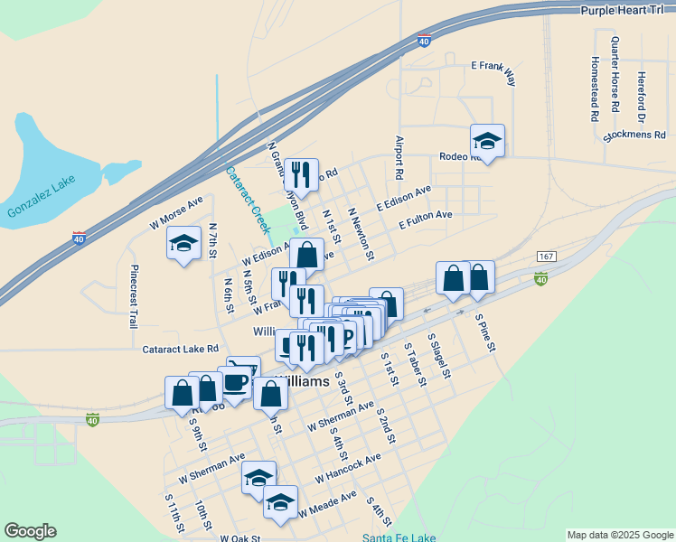 map of restaurants, bars, coffee shops, grocery stores, and more near 124 West Franklin Avenue in Williams
