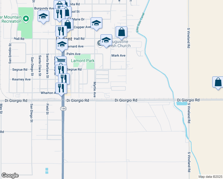 map of restaurants, bars, coffee shops, grocery stores, and more near 8734 Di Giorgio Road in Lamont
