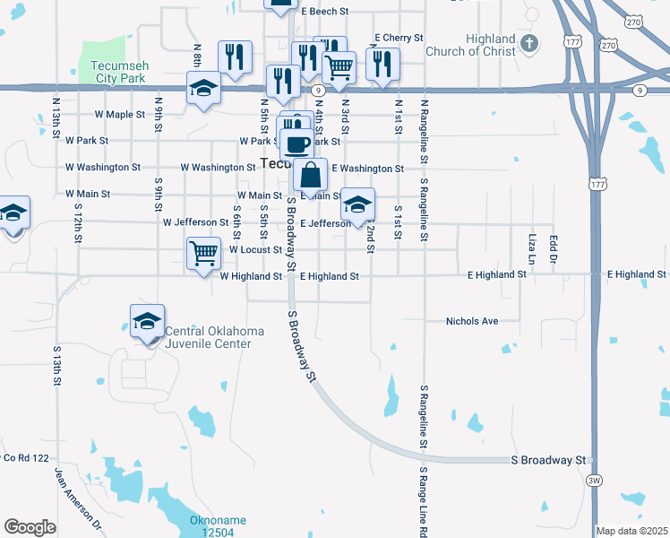 map of restaurants, bars, coffee shops, grocery stores, and more near 216 East Highland Street in Tecumseh