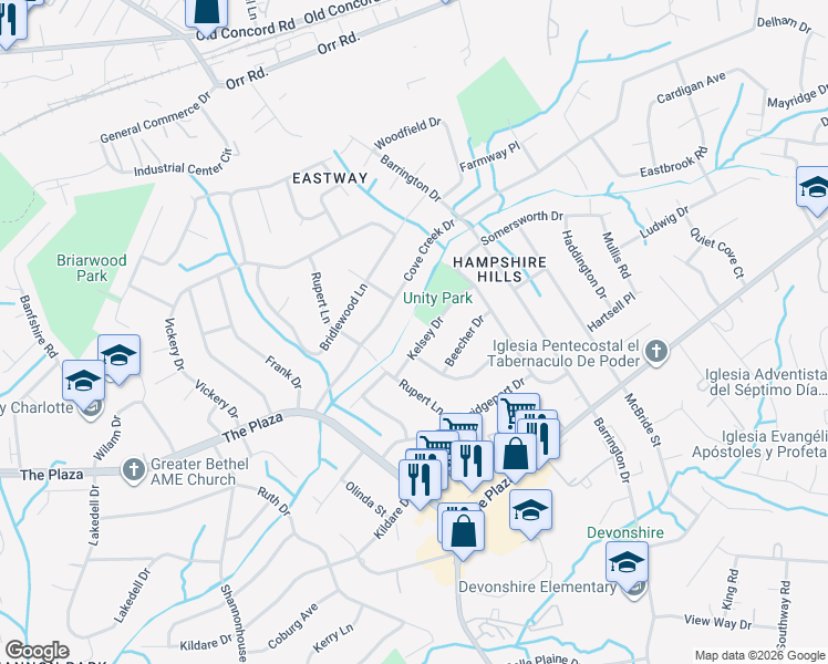 map of restaurants, bars, coffee shops, grocery stores, and more near 5701 Whitingham Drive in Charlotte