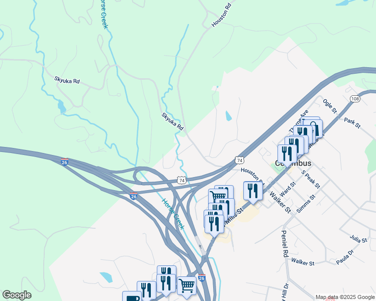 map of restaurants, bars, coffee shops, grocery stores, and more near 349 Houston Road in Columbus