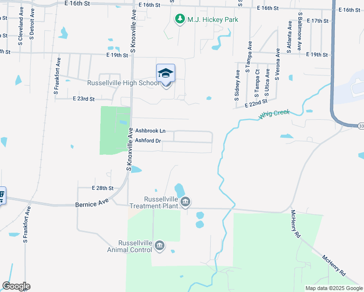map of restaurants, bars, coffee shops, grocery stores, and more near 302 Ashbrook Lane in Russellville