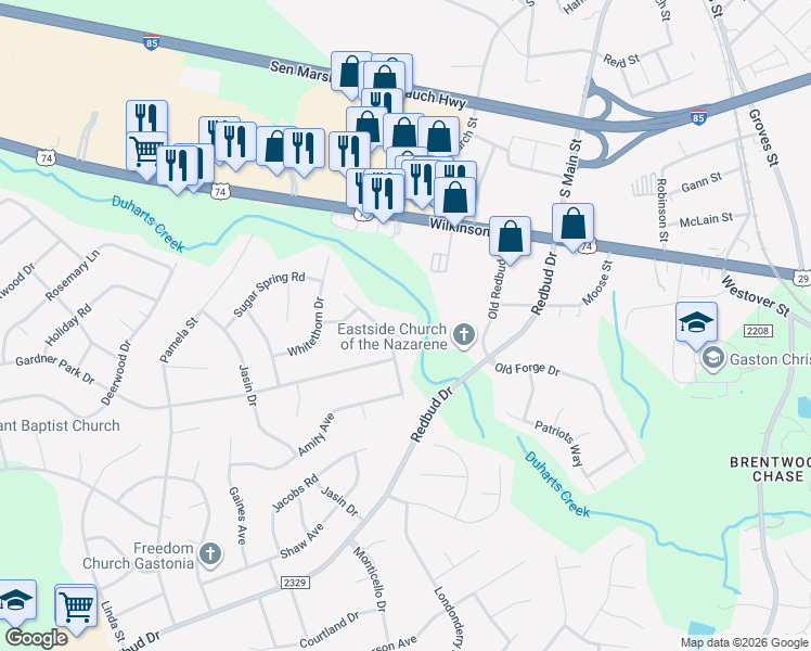 map of restaurants, bars, coffee shops, grocery stores, and more near 3898 Gardner Park Drive in Gastonia