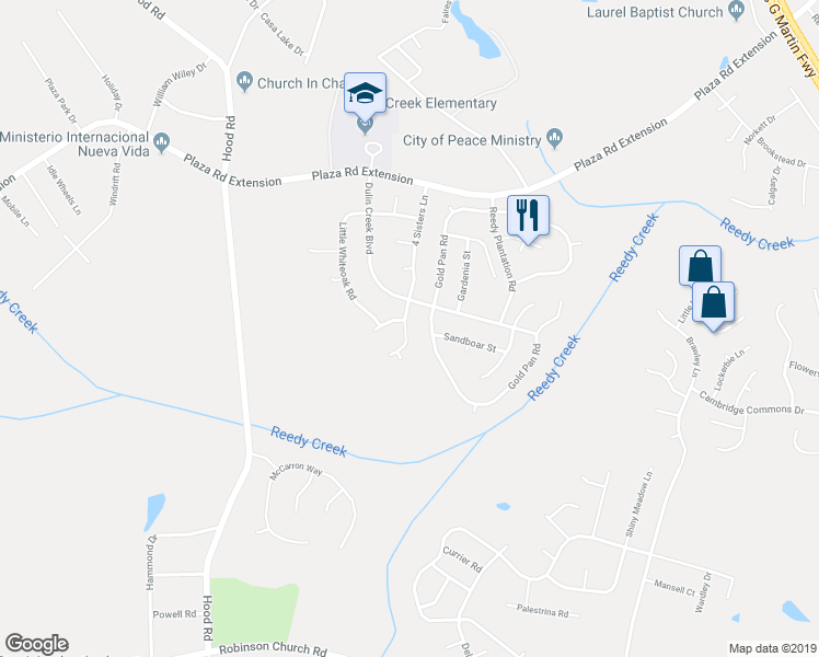 map of restaurants, bars, coffee shops, grocery stores, and more near 8302 4 Sisters Lane in Charlotte
