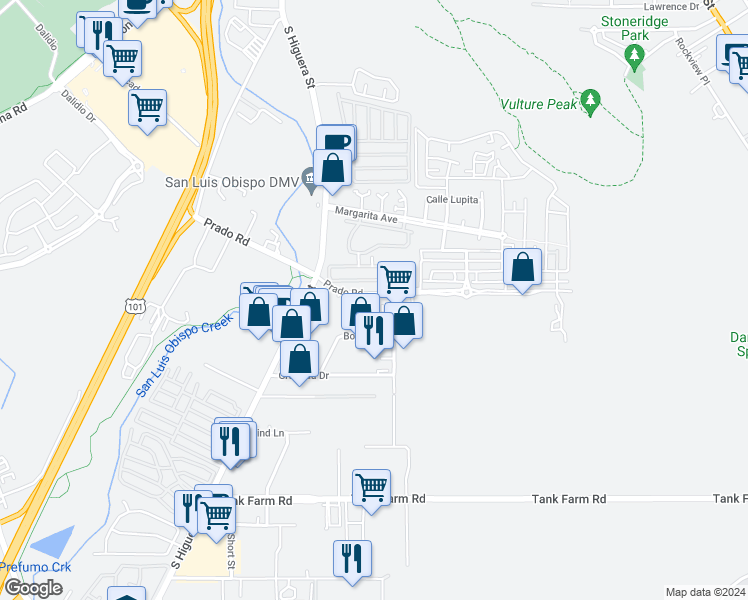 map of restaurants, bars, coffee shops, grocery stores, and more near 225 Prado Road in San Luis Obispo