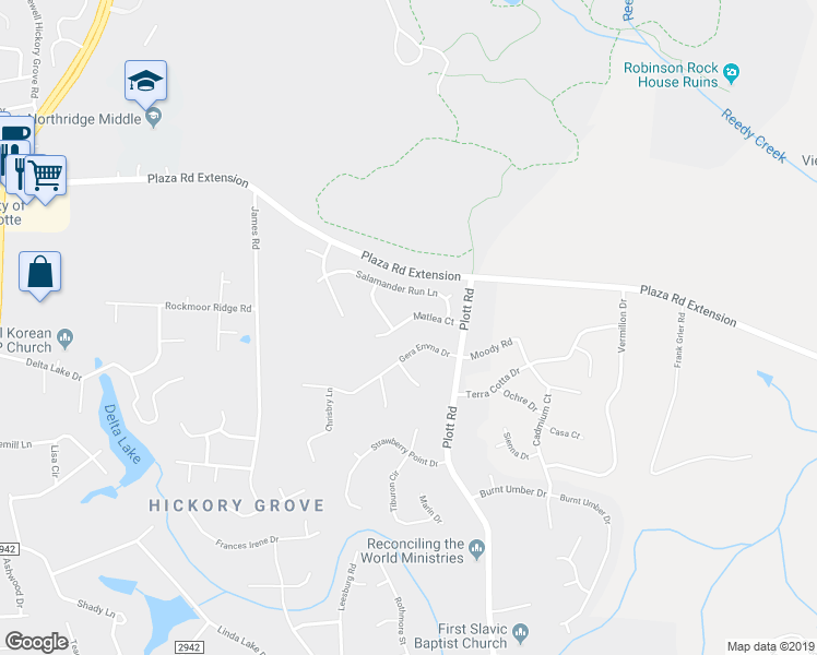 map of restaurants, bars, coffee shops, grocery stores, and more near 6507 Matlea Court in Charlotte