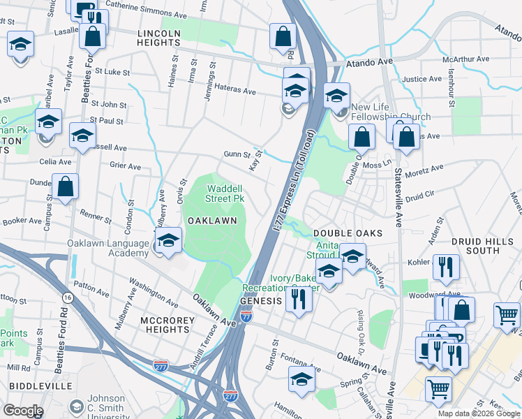 map of restaurants, bars, coffee shops, grocery stores, and more near 1438 Dean Street in Charlotte