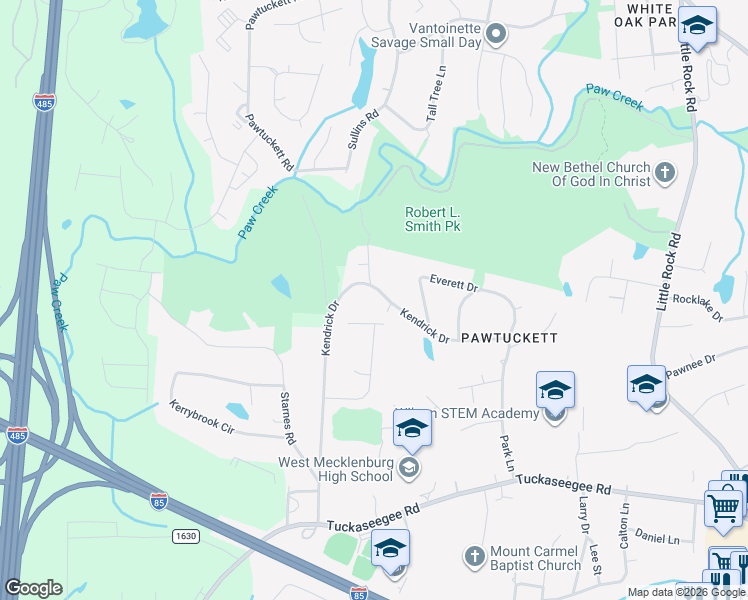 map of restaurants, bars, coffee shops, grocery stores, and more near 2624 Kendrick Drive in Charlotte