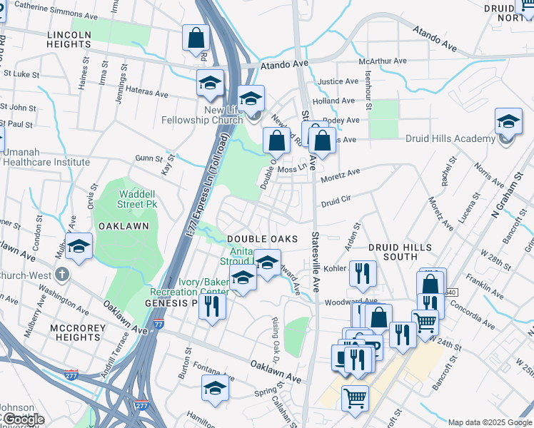 map of restaurants, bars, coffee shops, grocery stores, and more near 2501 Double Oaks Road in Charlotte