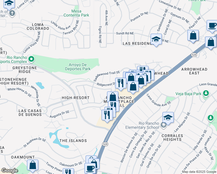 map of restaurants, bars, coffee shops, grocery stores, and more near 4133 Foxwood Trail Southeast in Rio Rancho
