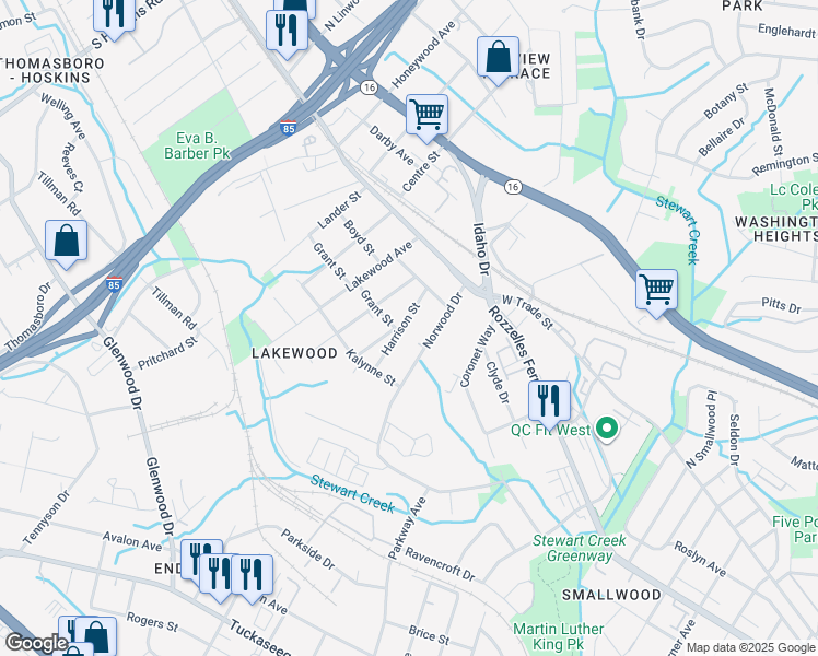 map of restaurants, bars, coffee shops, grocery stores, and more near 231 Harrison Street in Charlotte
