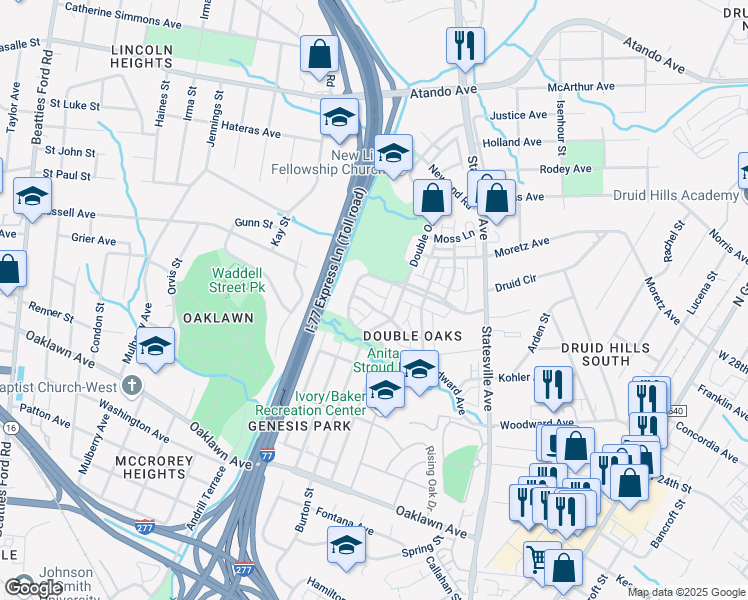 map of restaurants, bars, coffee shops, grocery stores, and more near 2104 Woodward Avenue in Charlotte