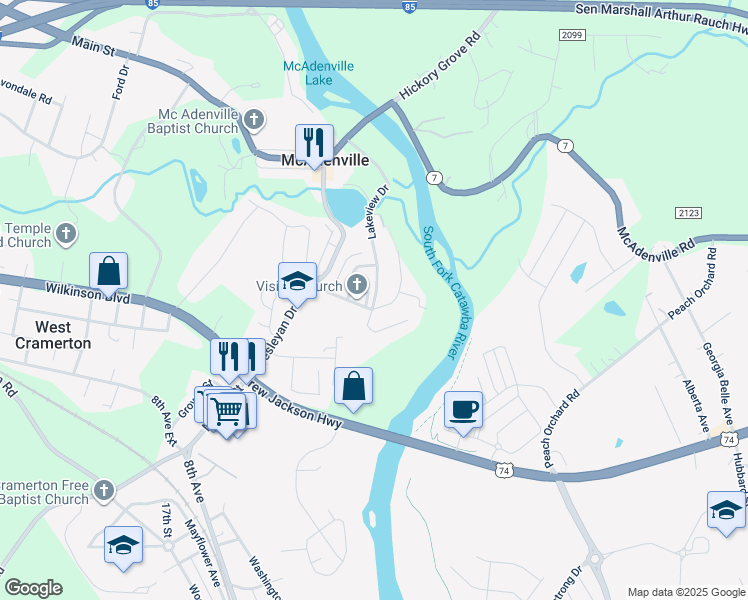 map of restaurants, bars, coffee shops, grocery stores, and more near in McAdenville