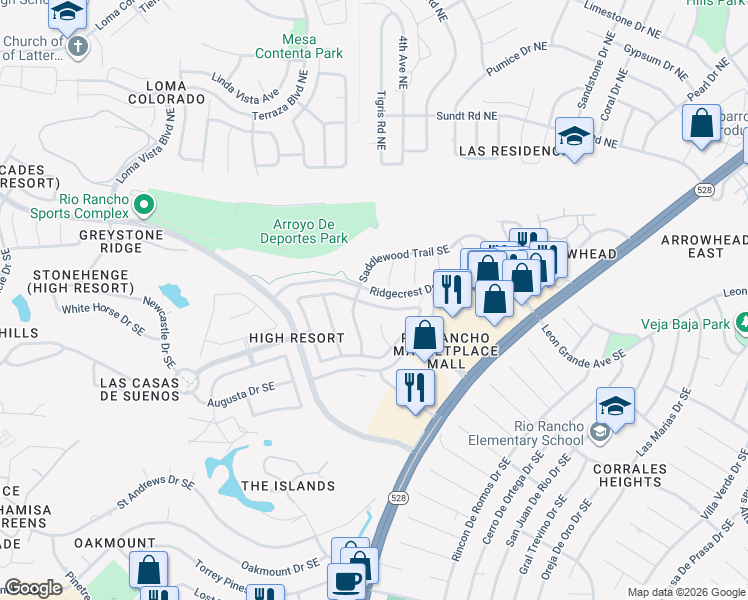 map of restaurants, bars, coffee shops, grocery stores, and more near 4109 Foxwood Trail Southeast in Rio Rancho