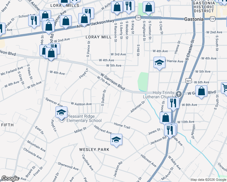 map of restaurants, bars, coffee shops, grocery stores, and more near 1020 West 7th Avenue in Gastonia