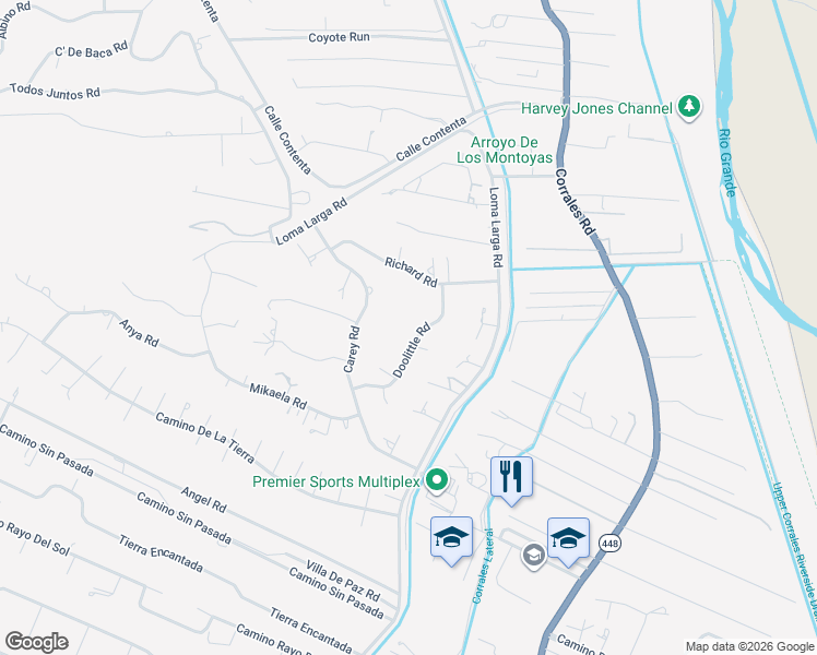 map of restaurants, bars, coffee shops, grocery stores, and more near 132 Carey Road in Corrales