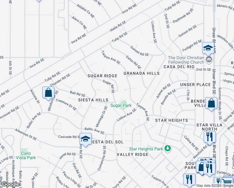map of restaurants, bars, coffee shops, grocery stores, and more near 222 Sugar Ridge Loop Southeast in Rio Rancho